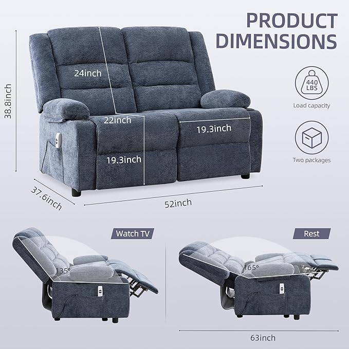 52Inch Power Loveseat ReclinerElectric Reclining Loveseat SofaAdjustable Love seat Recliner Sofa for Living RoomBedroom with Charging Ports(Blue loveseat)