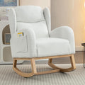 Teddy Rocking Chair Ivory Fabric Accent Chair with Wooden Legs for Living Room Bedroom Indoor Use Comfortable Upholstered Rocker with 300 Lbs Capacity