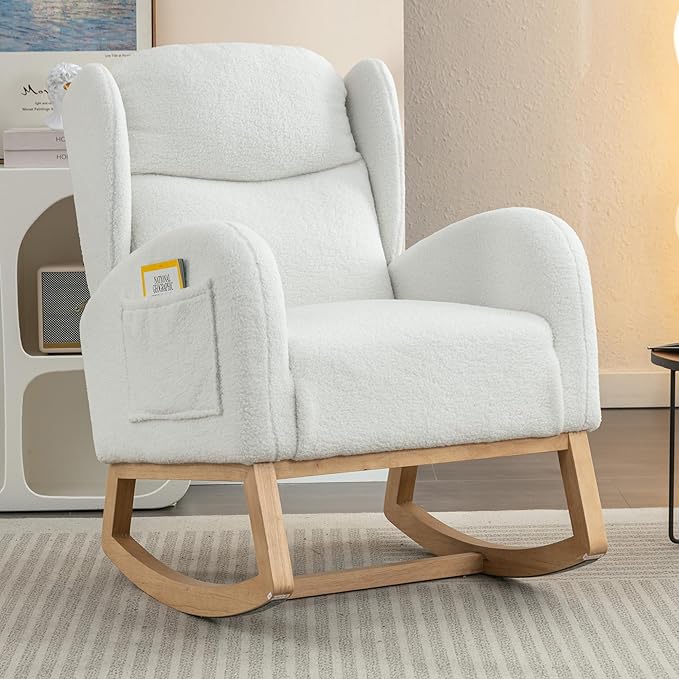 Teddy Rocking Chair Ivory Fabric Accent Chair with Wooden Legs for Living Room Bedroom Indoor Use Comfortable Upholstered Rocker with 300 Lbs Capacity