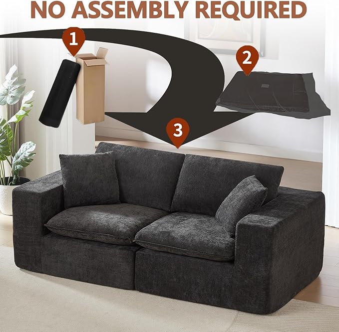 78” Cloud Loveseat Sofa with Cushions Boneless Couch in a Box Chenille Foam Couch for Bedroom Living Room Apartment Modern Small No Assembly (Black)