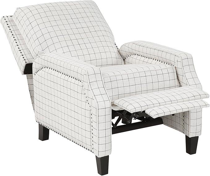 Lexicon Pushback Recliner Chair Plaid Textured Fabric Armchair Push Back Reclining Chair Nailhead Trim Solid Wood Legs Easy Assembly for Living Room/Office/Apartment Off-White
