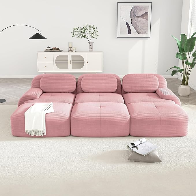 Modular Sectional Sofa 117.3 Cloud Couch 3-Seater Sectional Couch with Movable Ottoman Modern Deep Seat Couches for Living Room Comfy Corduroy Boneless Sofa for Bedroom No Assembly Pink