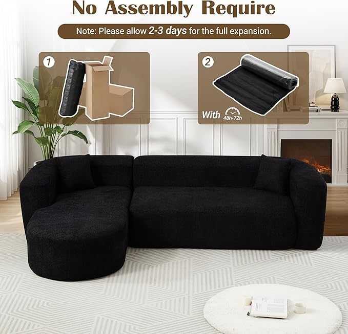 110 Inch Boneless Couches for Living Room Modern Modular Sectional Curved Sofa with Chaise Minimalist L-Shape Cloud Sectional Couch No Assembly Required (Black Left-Facing Chaise)
