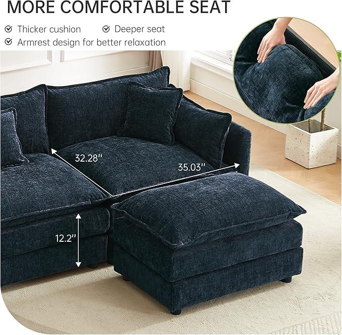Modular Sectional Sofa 147.2 Inch U Shaped Couch Set with Armrests 4-Seater Comfy Cloud Couches with Movable Ottoman for Living Room Apartment Blue
