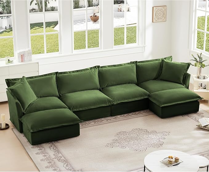 Aoowow Oversized Modular Sectional Sofa156.6” U-shaped Comfy 4-Seat Sofa Couch with Movable Ottoman Upholstered Deep Seat Couches with Big Toss Pillows for Living Room Apartment OfficeGreen-Chenille