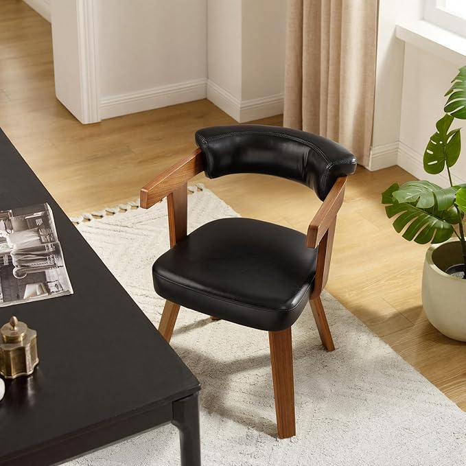 Art Leon Home Office Desk Chair - Mid Century Modern Chair Faux Leather Office Chair No Wheels Comfy Accent Arm Chair with Wood Legs for Small Spaces Living Room Bedroom Study Black/Walnut