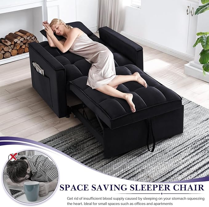 Antetek Sleeper Sofa Chair Bed Convertible Velvet Single Pull Out Sofa Chair Modern Tufted Living Room Reading Chair with Adjustable Backrest/Pillow for Small Space Apartment Office Black