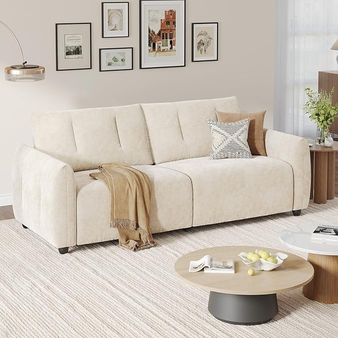 84.5 Inch Loveseat SofaModern Couch and SofaFeather-tip armrest DesignSturdy and Easy InstallationSmall Sofa for Living Room Bedroom Office and ApartmentChenille FabricBeige