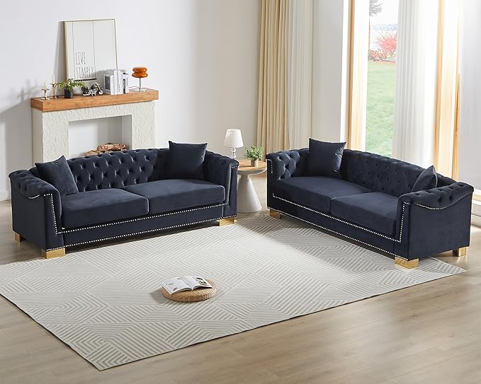 84 inch Chesterfield 3 Seater Sofa Oversized Mid Century Modern Sofa Couch with Gold Rivet Decoration Cloud Comfy Velvet Upholstered Button-Tufted Couch for Living Room Office Black
