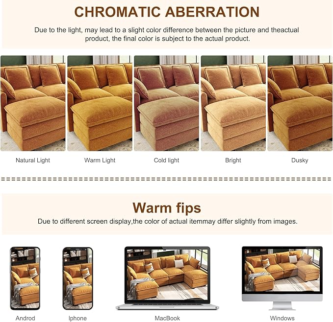 107 Cloud Couch Sectional U Shaped Modular Sectional Sofa 4-Seat Deep Seat Couch with 6 Removable Washable Pillows and 2 Ottoman for Living Room Bedroom Apartment Orange