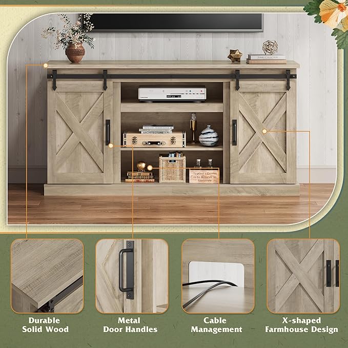 WLIVE Farmhouse TV Stand for TVs up to 65 Modern Media TV Console with Sliding X-Shaped Barn Doors Entertainment Center with Storage Cabinets for Living Room Grey Oak
