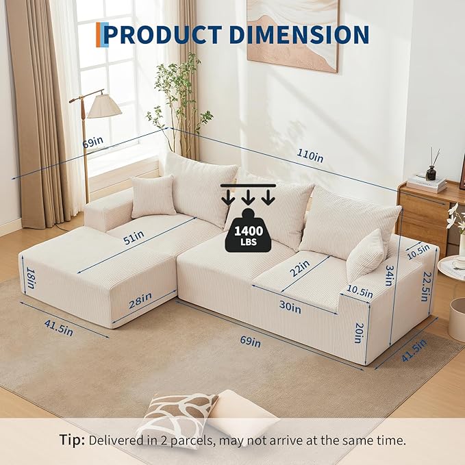 110 Modular Sectional Sofa Couches for Living Room Cloud Memory Boneless Couch No Assembly RequiredComfy Cloud 3-Seater Couch with Chaise Memory Foam Sofa for Offices Bedroom and Apartment