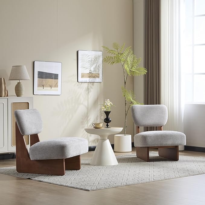GDFStudio Upholstered Armless Accent Chairs Set of 2 Modern Side Chair Minimalist Leisure Chair with Backrest for Living Room Bedroom Reading Room Gray Cushioned Seat &amp Walnut Base