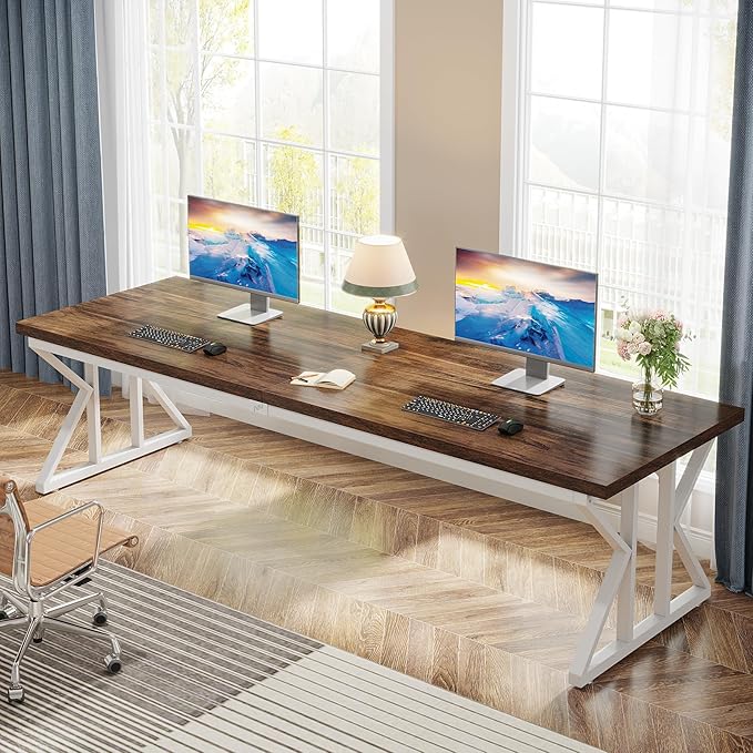 Tribesigns 78.7 Inches Long Computer Desk Two Person Desk Large Executive Office Desk Double Desk Study Writing Table for Home Office (Brown/White)
