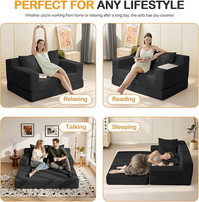 Loveseat Boneless Convertible Sofa Bed Folding Floor Futon Sleeper Sofa Couch Bed- Boneless Foldable Couch Corduroy Pull Out Sofa Bed with 2 Pillows for Living Room &amp Bedroom