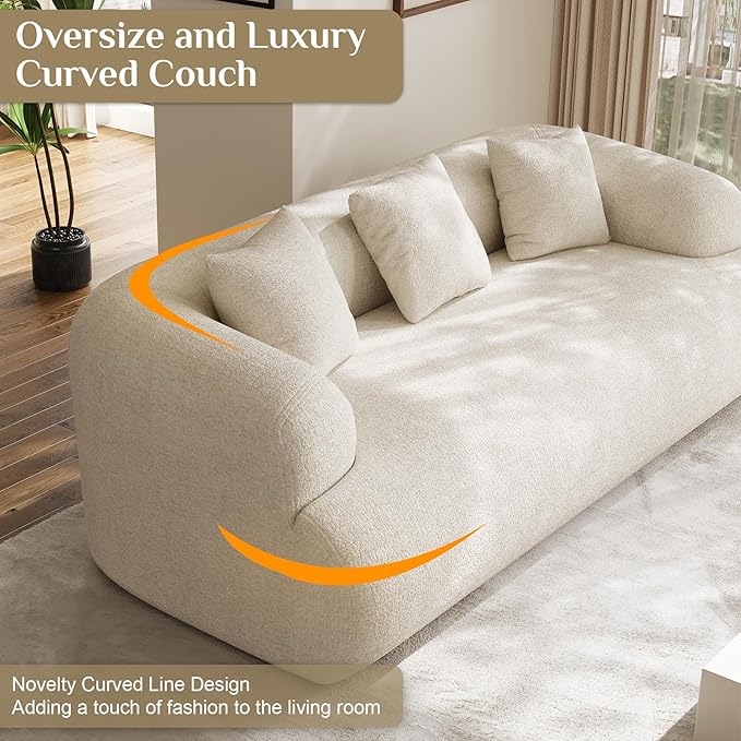 Oversized Sectional Sofa for Living Room Modern Luxury Plush Chenille 3-Seater Extra Deep &amp Wide Seat Curved Cloud Couch with 3 Throw Pillows No Assembly Needed Cream White （91 inch）