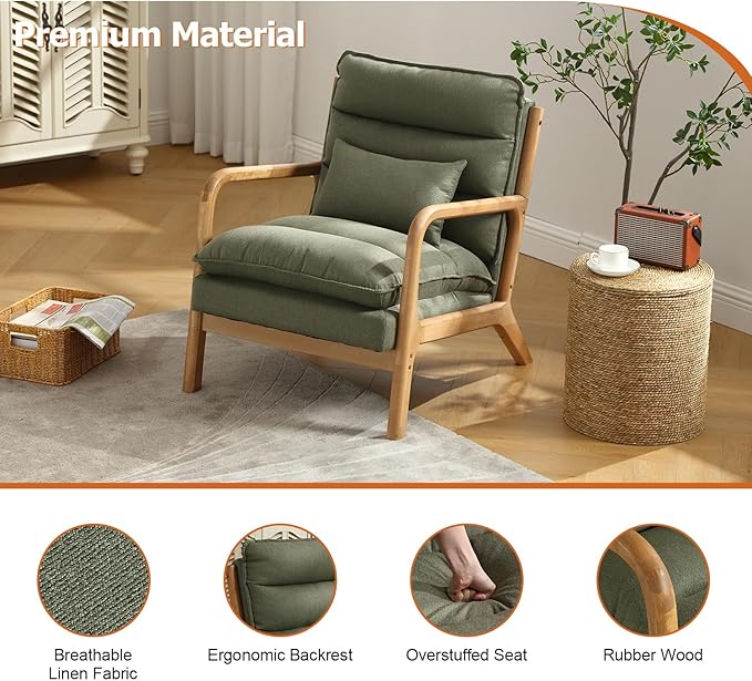 INZOY Mid Century Modern Accent Chair with Wood Frame Upholstered Reading Armchair with Waist Cushion Double Padded Accent Chair Side Chair for Living Room Bedroom Office Easy Assembly Green