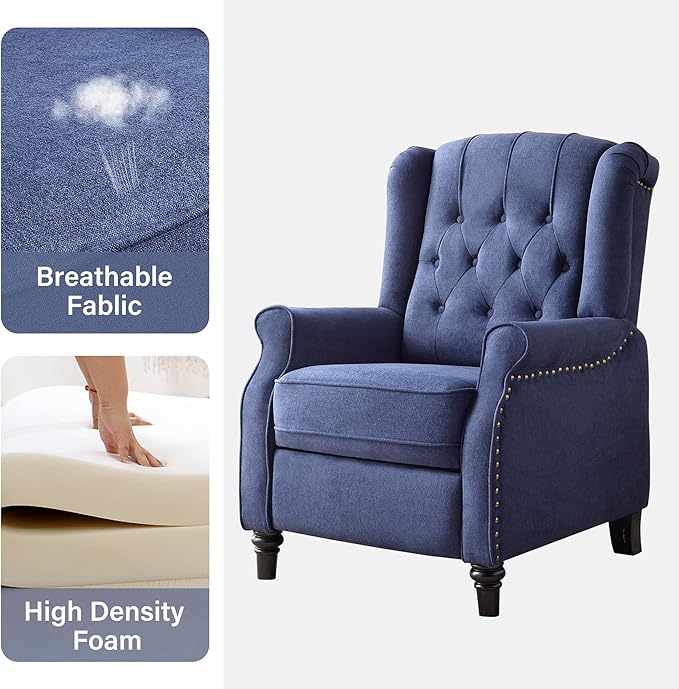 Bonzy Home Wingback Chairs Set of 2 Mid Century Modern Living Room Chairs Fabric Push Back Recliner Chair with Rivet Decoration Button-Tufted Back Solid Wood Legs Blue