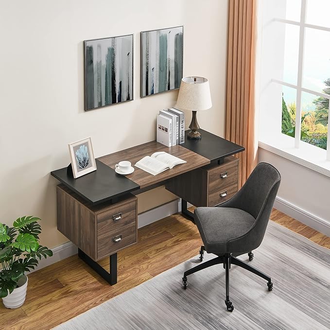 Computer Desk with 4 Drawers for Files Organization 59 Large Home Office Desk with Storage Shelves Industrial Study Writing Table Workstation for Home Office Study Room Walnut and Black