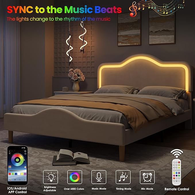 IDEALHOUSE Full Size Bed Frame with LED Lights Velvet Upholstered Platform Bed with Adjustable Headboard for Kids/Girls Wooden Slats Support No Box Spring Needed Beige