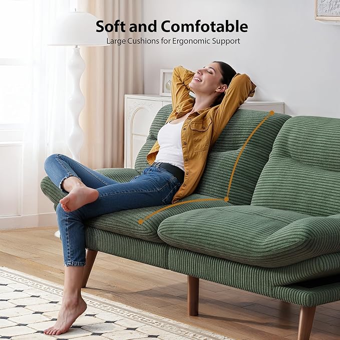 Pipishell Futon Sofa Bed 75 Inch Corduroy Futon Couch Convertible with Adjustable Backrest and Armrests Recliner Sleeper Sofa for Small Spaces Living Room Office Guest Room (Green 75 Inch)