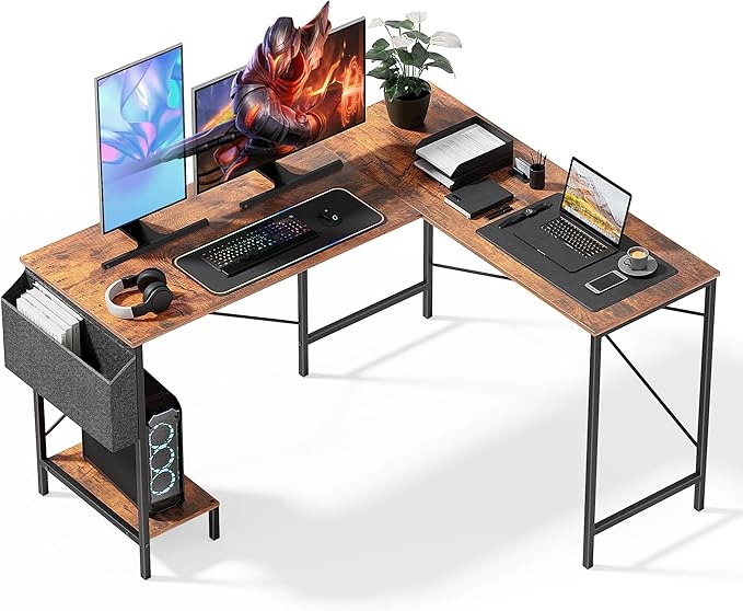 InfiniPower L Shaped Desk Gaming Computer 50 Inch Reversible Corner Table PC Work Table for Writing Study Student with Wood Tabletop Metal Frame CPU Stand Side Bag for Home Office Small Place