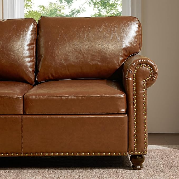 79” Leather Sofa Couch with Storage Mid Century Modern Rolled Arm Couches for Living Room Furniture Nailhead Trim Brown