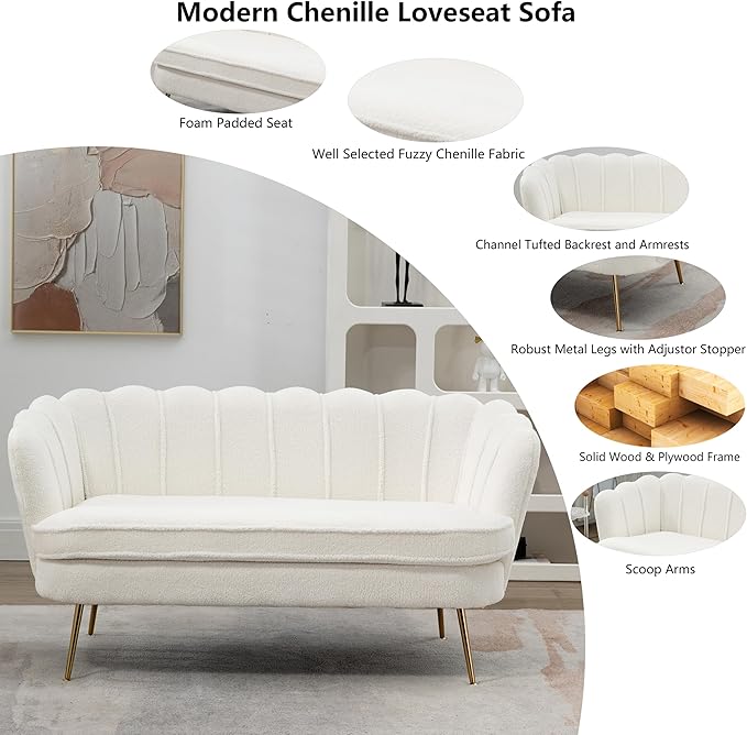 Boucle Small Sofa Couch for Small Spaces Living Room Bedroom59 Loveseat Couches with Gold Metal LegsChannel Tufted 2 Seater Sofas with Curved Back and Arms for ApartmentRV