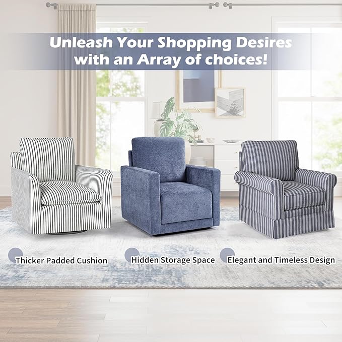 INZOY Swivel Accent Chair with Hidden Storage Comfy 360° Swivel Chair Upholstered Chenille Square Chair for Living Room Bedroom Small Spaces Fully Assembled Blue