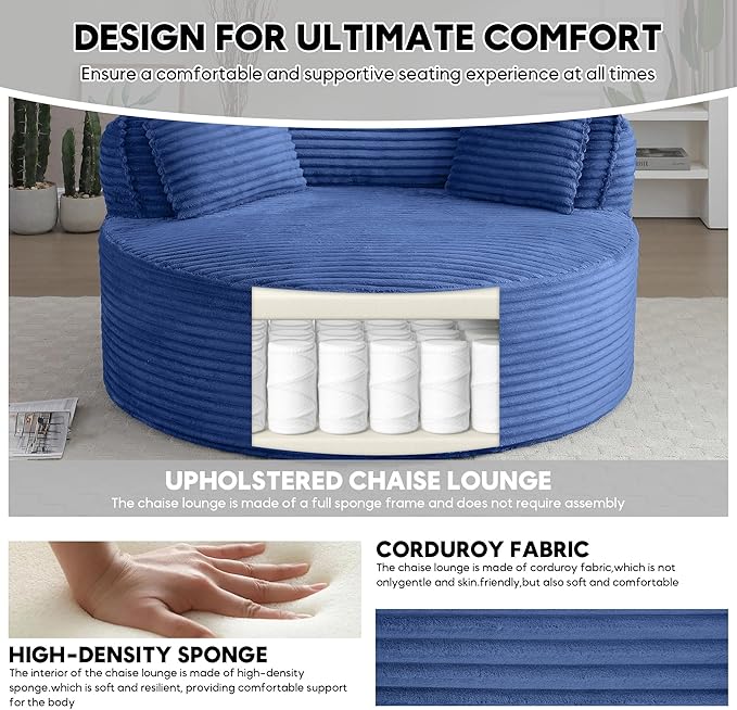 Oversized Round Chair Lounge Chaise Indoor 53.5 Corduroy Boneless Round Chair Fluffy Single Deep Seat Cloud Sofa Chairs Modern Circle Chaise Lounge for Bedroom Living Room Blue