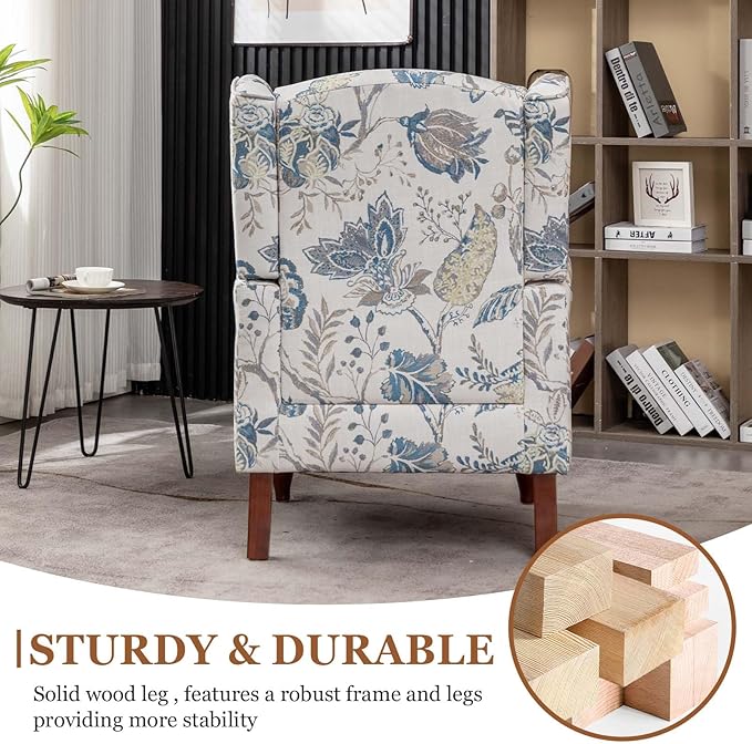 Anwick Modern Floral Accent Chair Upholstered Armchair Wingback Chair with Wooden Legs Single Sofa Reading Chair Accent Chairs for Living Room Bedroom Office (Blue)