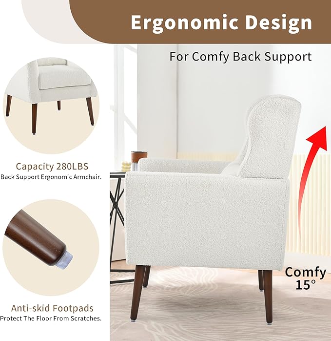 Modern Accent Chair Upholstered Arm Chair with Waist Pillow Single Sofa Chair for Living Room Bedroom Small Spaces (White)