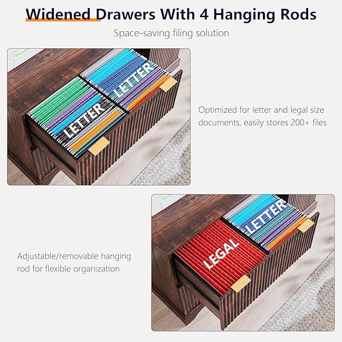 JXQTLINGMU 2 Drawer File Cabinet with Charging Station 30 Fluted Lateral File Cabinet w/Files Hanging Rod for Letter/Legal/A4 Large Tabletop for Printer Office Wood Printer Cabinets Dark Walnut