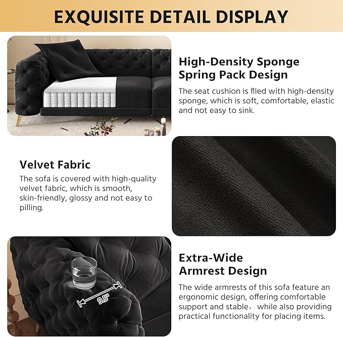 97.7 King Pull Out Sofa Bed Velvet Chesterfield Sleeper Sofa Couch 3 in 1 Convertible Tufted Futon Couches with Ottoman for Living Room Small Space Apartment Office Bedroom Black