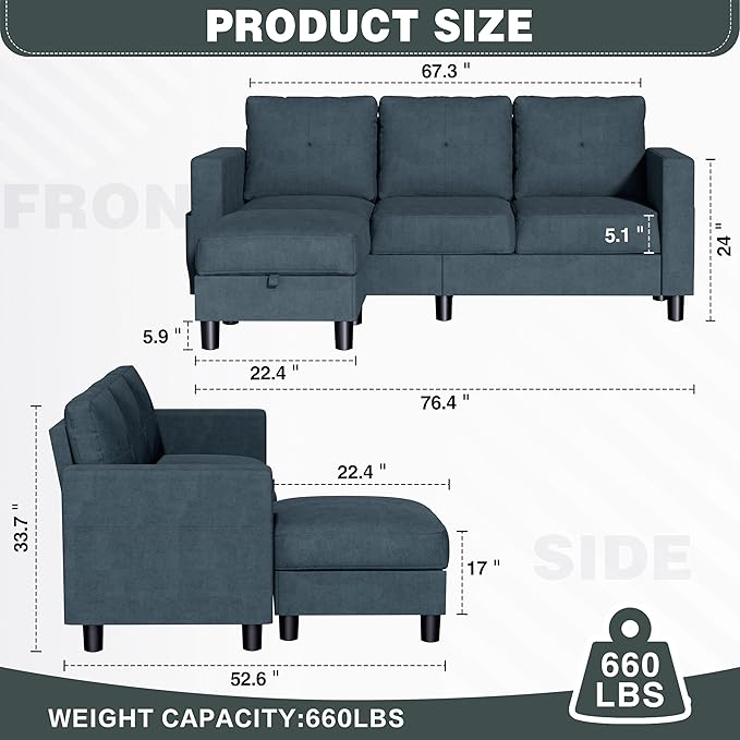JY QAQA Convertible Sectional Sofa Couch with 3-Seat Sofa L-Shaped Ottoman Couch with Modern Linen Fabric for Small Living Room Apartment and Small Space (Dark Gray)