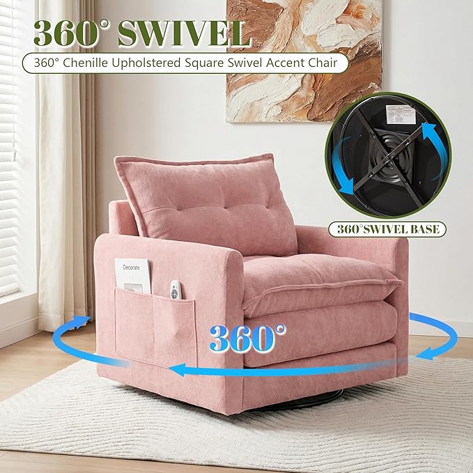 Square Swivel Chairs Set of 2Plush Chenille Upholstered Accent Club Chair with Arms360°Rotation Armchair for ReadingModern Single Cloud Sofa Chair for Living Room (2 Pink)