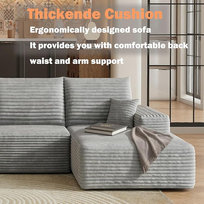 135.4 L-Shaped Sectional Corduroy Boneless Couch with Chaise Modern Modular Couches for Living Room Apartments Upholstered Cloud Sofa with Deep Seat No Assembly Required (Grey)