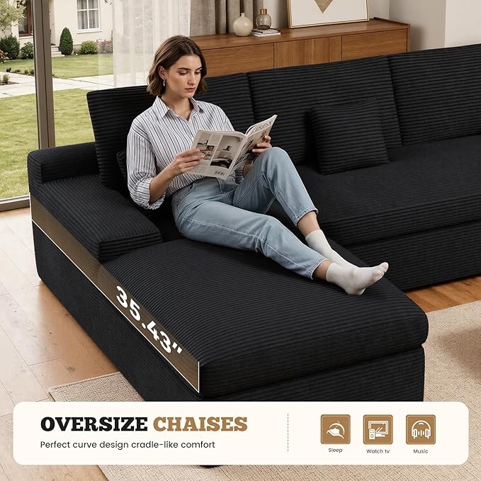 112 Modular Sectional Sofa for Living Room Convertible L-Shape Couch with OttomanCloud Boneless Couch with Layered CushionBlack Corduroy