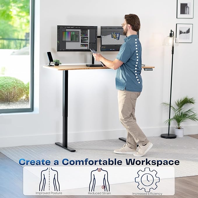 VIVO Electric 60 x 24 in Real Bamboo Standing Desk Memory Height Adjustment 1B Series Holds 220 lbs One-Piece Top Black Frame DESK-KIT-1B6O