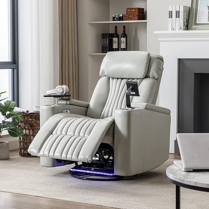 Merax 270 Degrees Power Swivel ReclinerHome Theater Seating with Hidden Arm Storage and LED Light StripCup Holder360 Degrees Swivel Tray Tableand Cell Phone HolderSoft Living Room ChairGrey