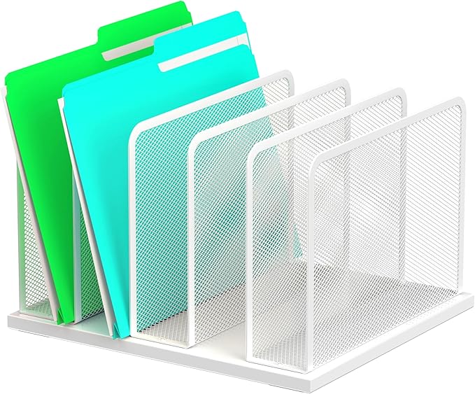 Kuntine.B Desk File Organizer Upright Mesh Desktop Organizer File Sorter Office Organization File Holder for Home Office &amp Classroom (White 1 Pack 5-Section)