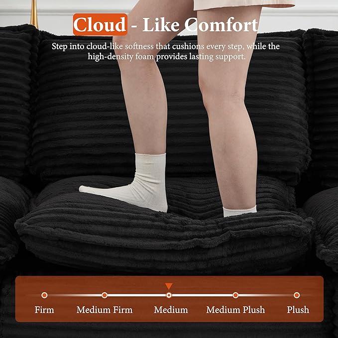 110 Sectional Couches for Living Room Boneless Couch Upholstered Cloud Couch Sectional Modular Sectional Sofa with L Shaped (Corduroy-Black 3 Seat+1 Ottoman)