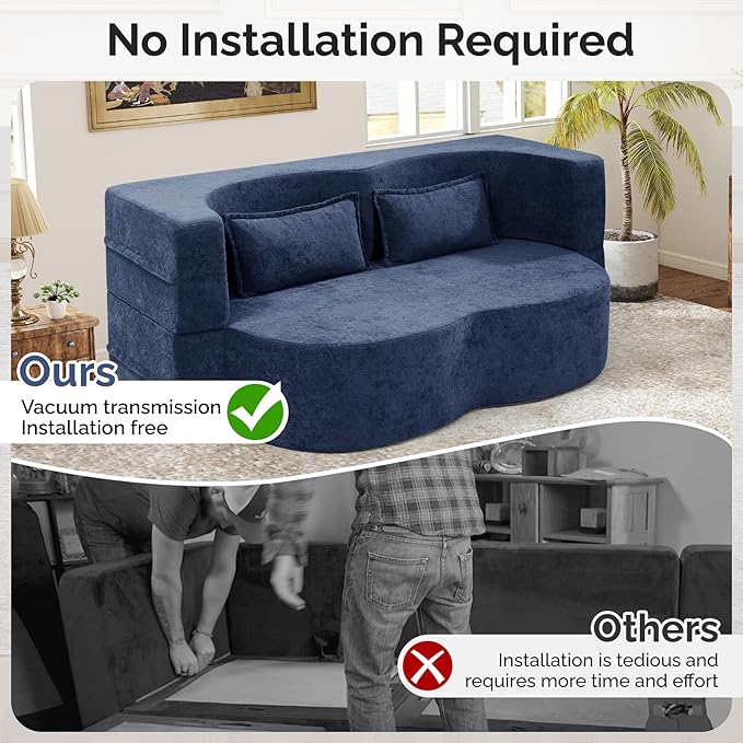 78 Convertible Sofa Bed with Pillows Queen Sleeper SofaFoam Folding Mattress Sleeper Modern Teddy Fabric Floor Cushion and Futon Chaise Lounge SofaFor ApartmentsGuest RoomsGuest UseCondoBlue