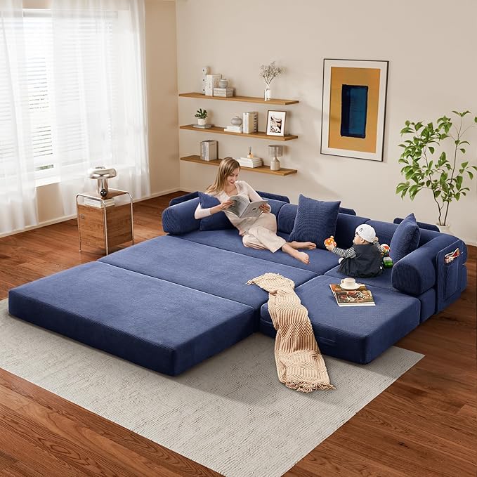 L Shaped Convertible Modular Boneless Sofa Bed with Cylindrical Pillow Corduroy Folding Floor Sofa Couch Bed with Fixed-Shape Frame &amp Storage Pocket for Living Room Blue