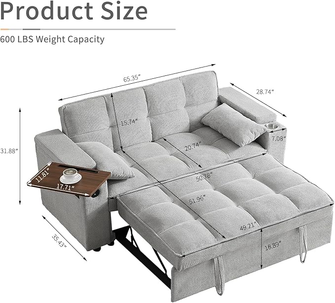 3-in-1 Convertible Sleeper Sofa Couch 65.35 Grainy Corduroy Fabric Pullout with 360° Swivel Side Table Charging Port &amp Storage Box Easy to Assemble for Living Room
