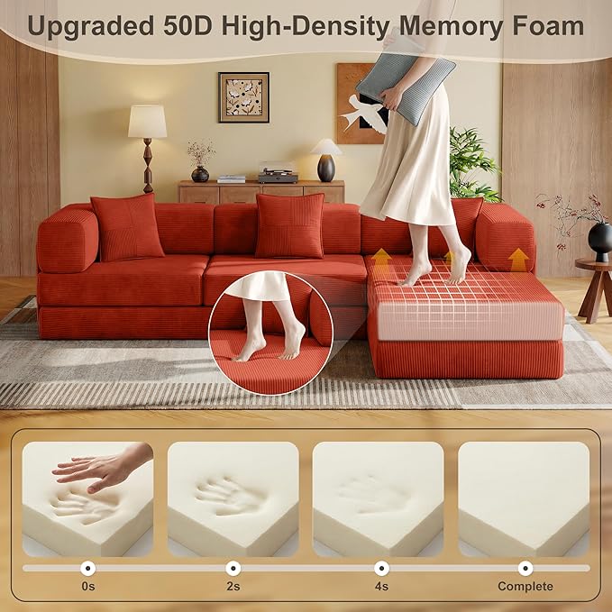 107 L-Shaped Modular Sofa Bed Multi Convertible Boneless Floor Couch Cozy Corduroy Sleeper Couch Sectional Futon Lounge for Living Room &amp Rest Area with 3 Exquisite Throw Pillows | Orange | So