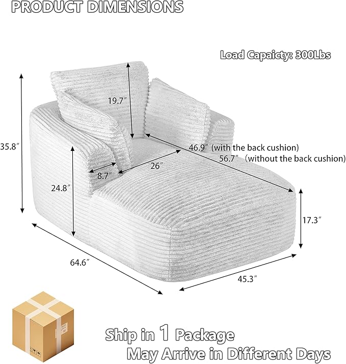 45.3W Boneless Chaise Lounge Sofa Chair Indoor Oversized Corduroy Reading Cloud Couch with Soft Pillows Comfy Single Seat Floor Sleeper Sofa Bed for Living Room Apartment Office Small Spaces