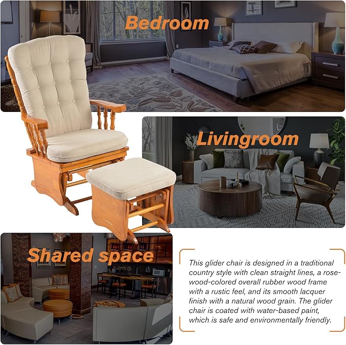 Anti-Pinch Solid Wood Hand Glider Rocking Chair Set with Ottoman with Padded Cushion Rustic Rubber Wood Nursery Glider for Nursing Relaxing Living Room Bedroom Honey Colored