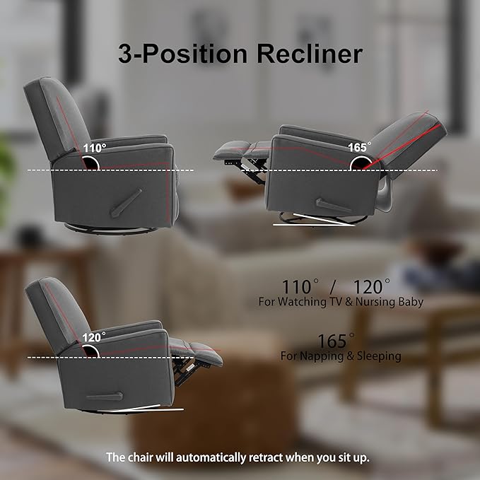 Harkawon Swivel Rocker Recliner Chair Glider Rocker Recliner Rocking Chair Nursery Fabric Chair with High Back Deep Seat for Living Room Bedroom (Dark Grey)
