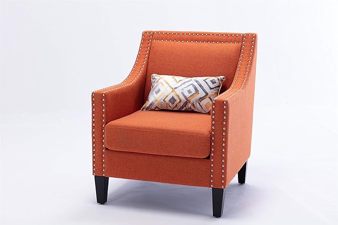 Accent Armchair Living Room Chair with Nailheads and Solid Wood Legs Orange Linen